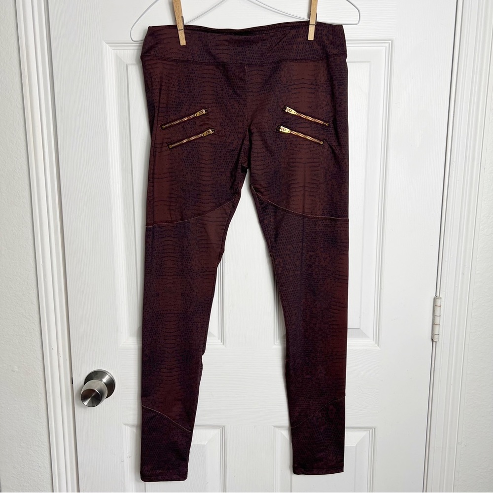 VARLEY | Snake Print Palms Leggings Dark Red Black Gold Tone Zipper Accents